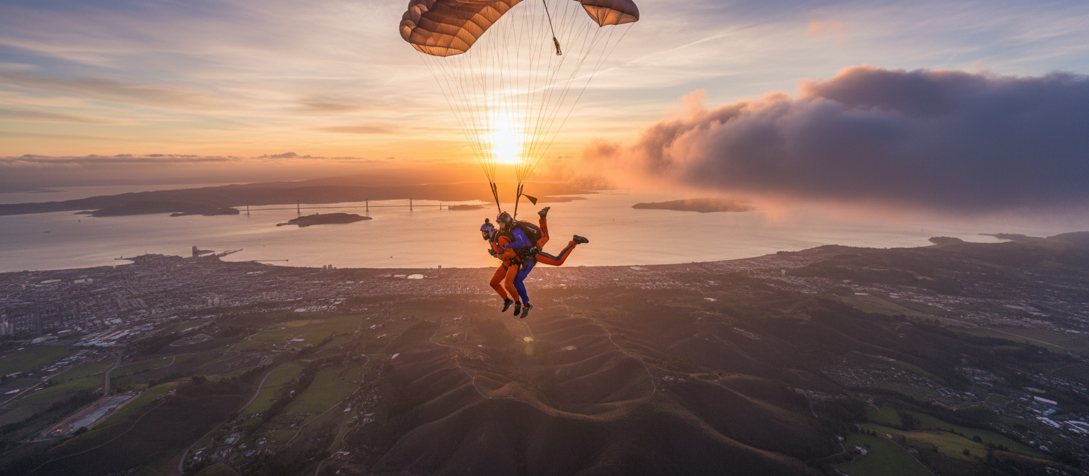 Tandem skydiving at sunset